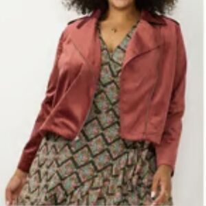 NEW 1X SOFT COPPER BURGUNDY ZIP LINED MOTO TRAVEL PACKABLE COAT JACKET XXL NWT